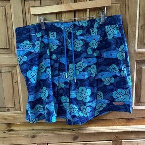 Mens Vineyard Vines XL Swim Trunks Board Shorts Blue Fish Tropical Flowers Liner